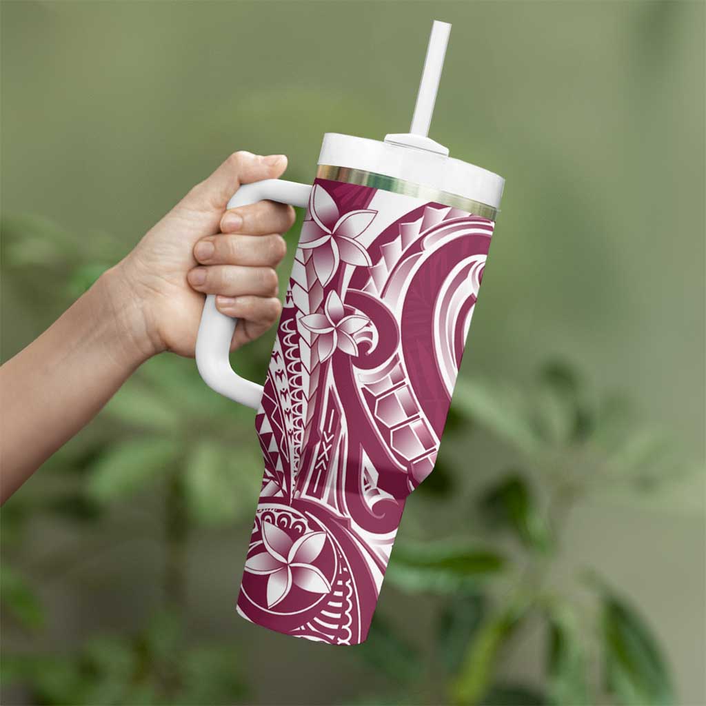 Kia Orana Cook Islands Tumbler With Handle Maroon Plumeria Tropical Waves LT7 - Polynesian Pride