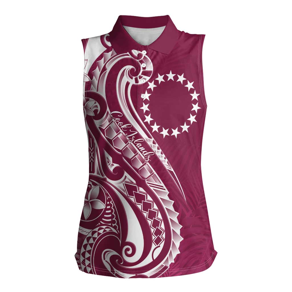 Kia Orana Cook Islands Women Sleeveless Polo Shirt Maroon Plumeria Tropical Waves - Polynesian Pride