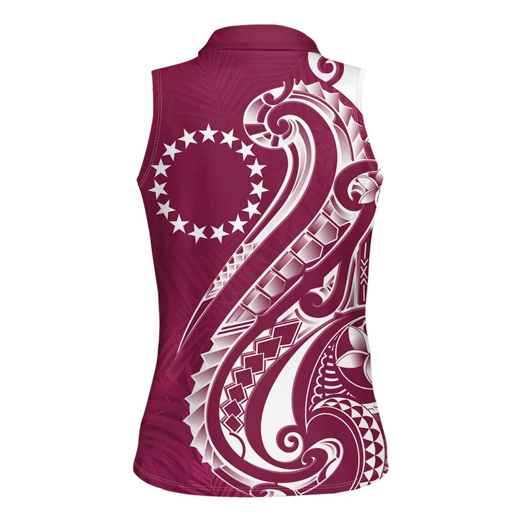 Kia Orana Cook Islands Women Sleeveless Polo Shirt Maroon Plumeria Tropical Waves - Polynesian Pride