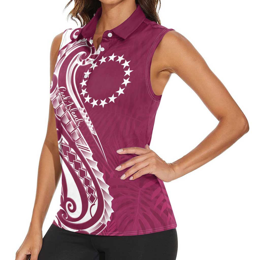 Kia Orana Cook Islands Women Sleeveless Polo Shirt Maroon Plumeria Tropical Waves - Polynesian Pride