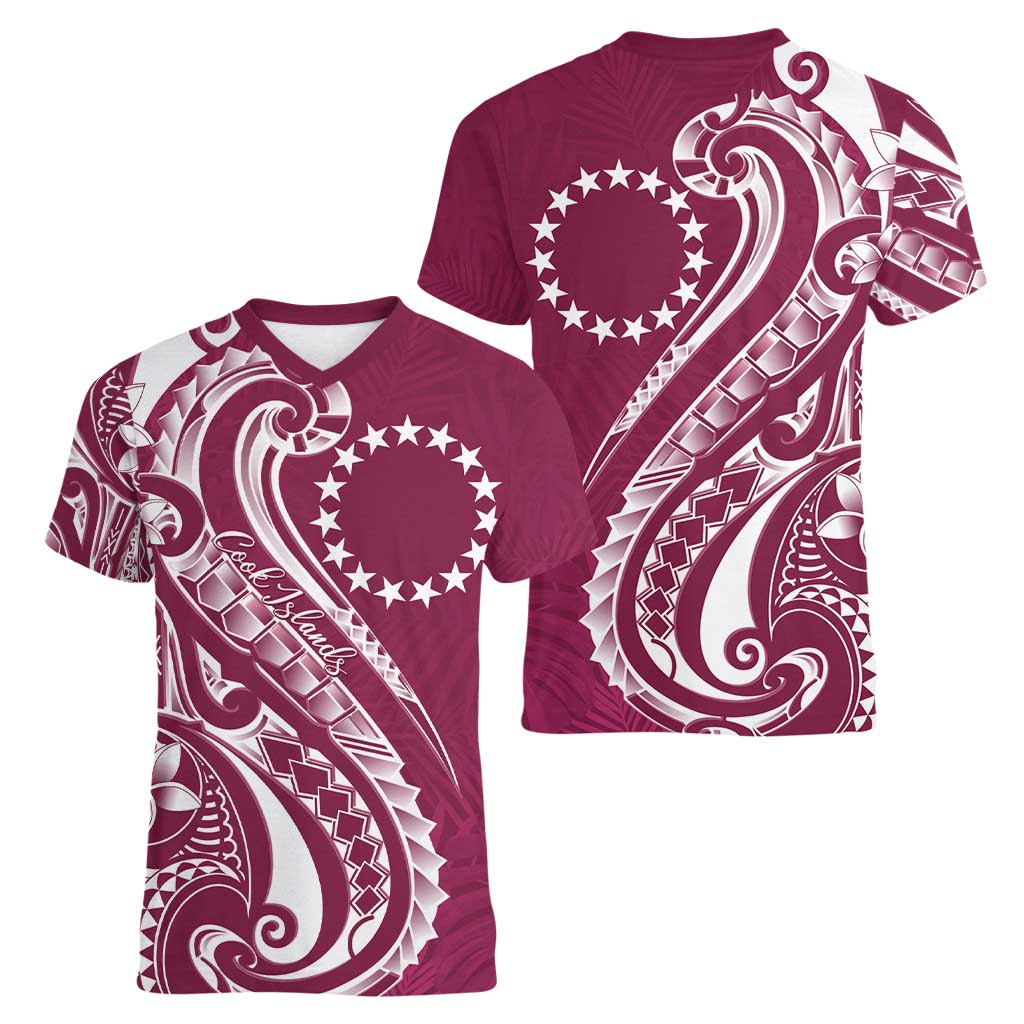 Kia Orana Cook Islands Women V-Neck T-Shirt Maroon Plumeria Tropical Waves - Polynesian Pride