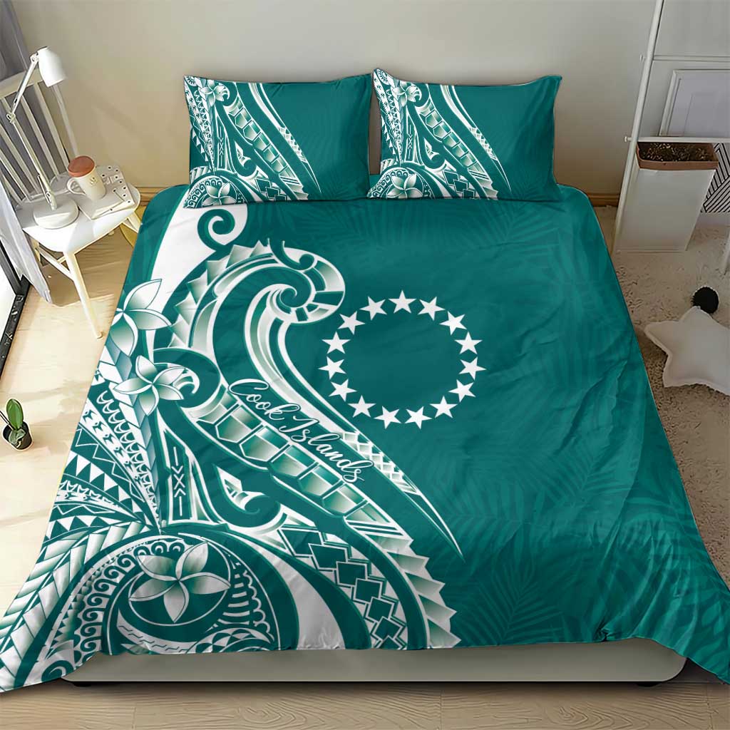 Kia Orana Cook Islands Bedding Set Teal Plumeria Tropical Waves - Polynesian Pride