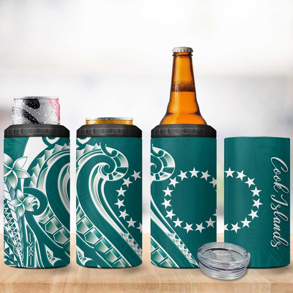 Kia Orana Cook Islands 4 in 1 Can Cooler Tumbler Teal Plumeria Tropical Waves LT7 - Polynesian Pride