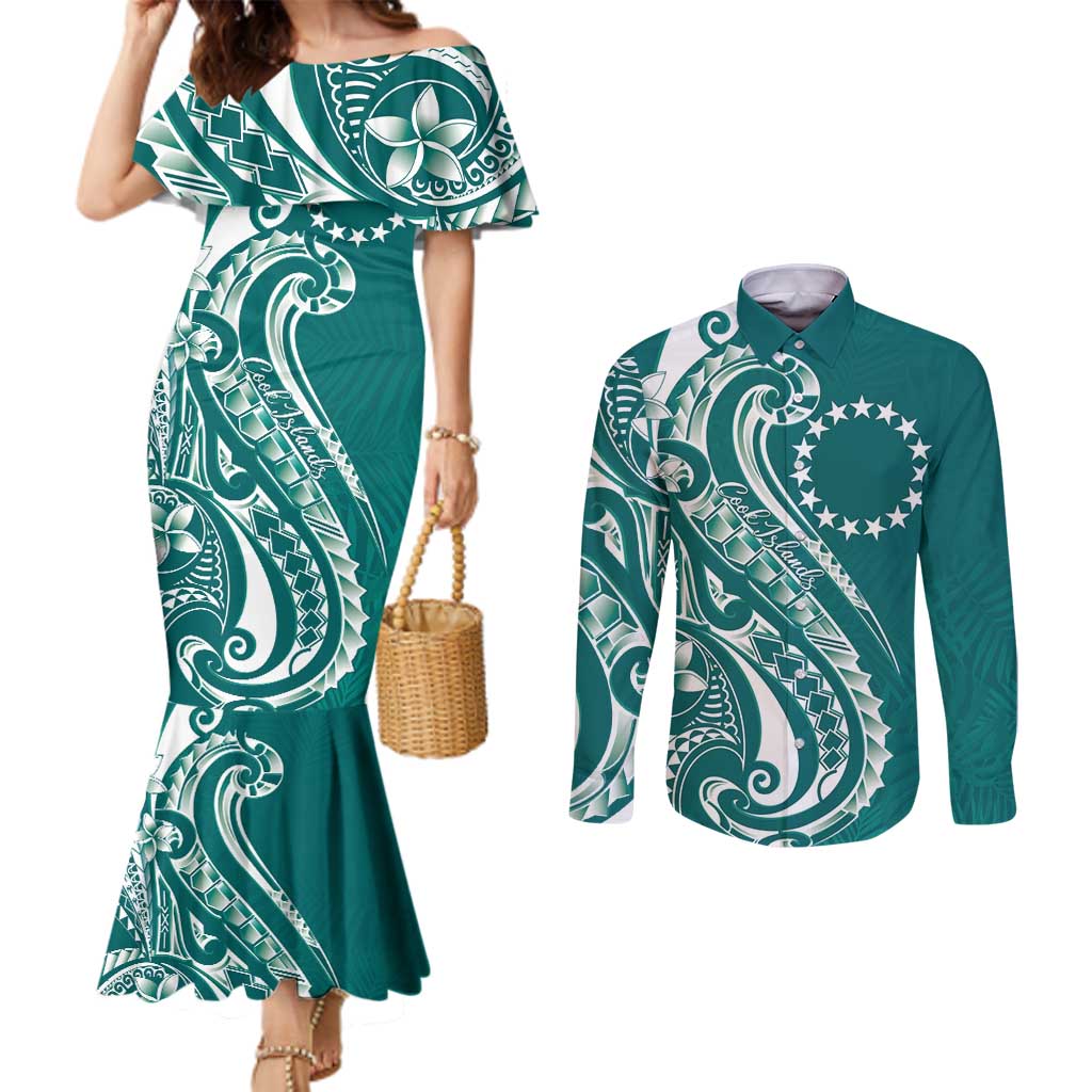 Kia Orana Cook Islands Couples Matching Mermaid Dress and Long Sleeve Button Shirt Teal Plumeria Tropical Waves - Polynesian Pride