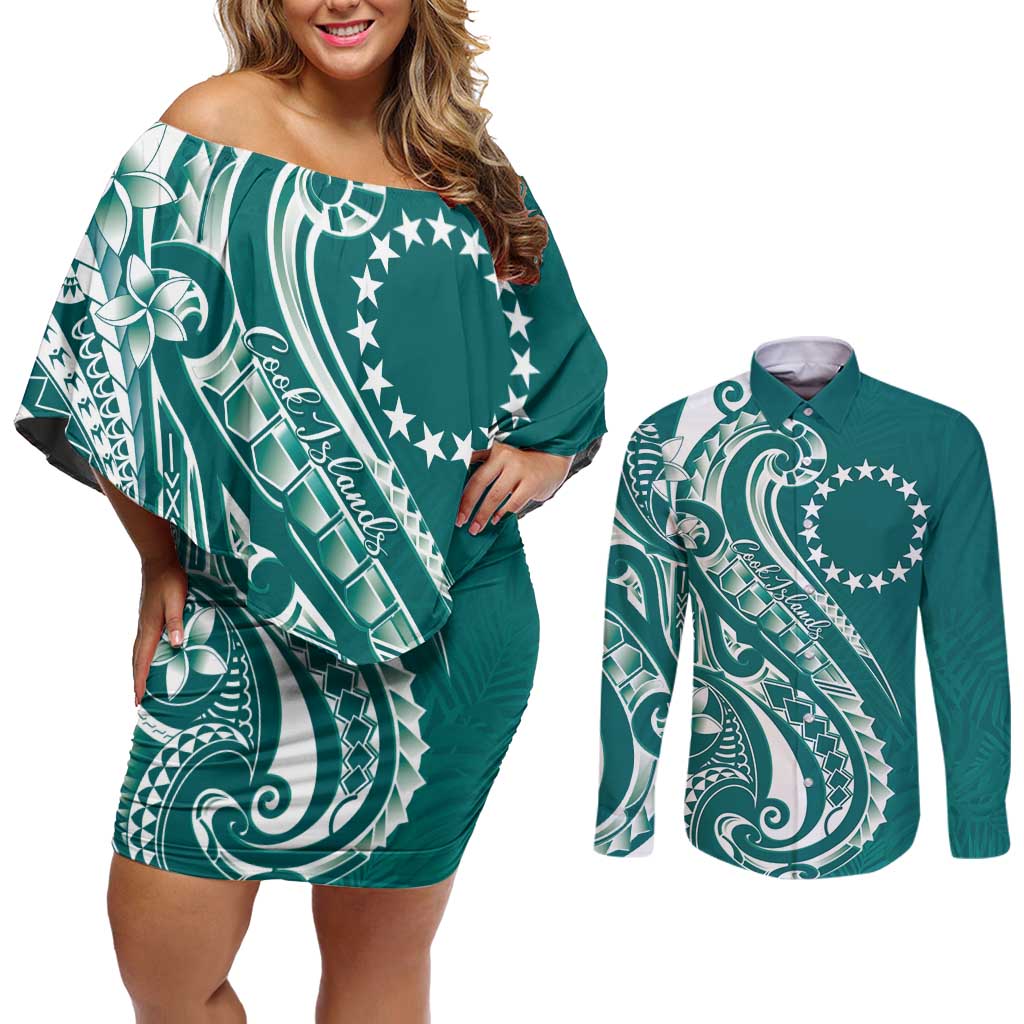 Kia Orana Cook Islands Couples Matching Off Shoulder Short Dress and Long Sleeve Button Shirt Teal Plumeria Tropical Waves - Polynesian Pride