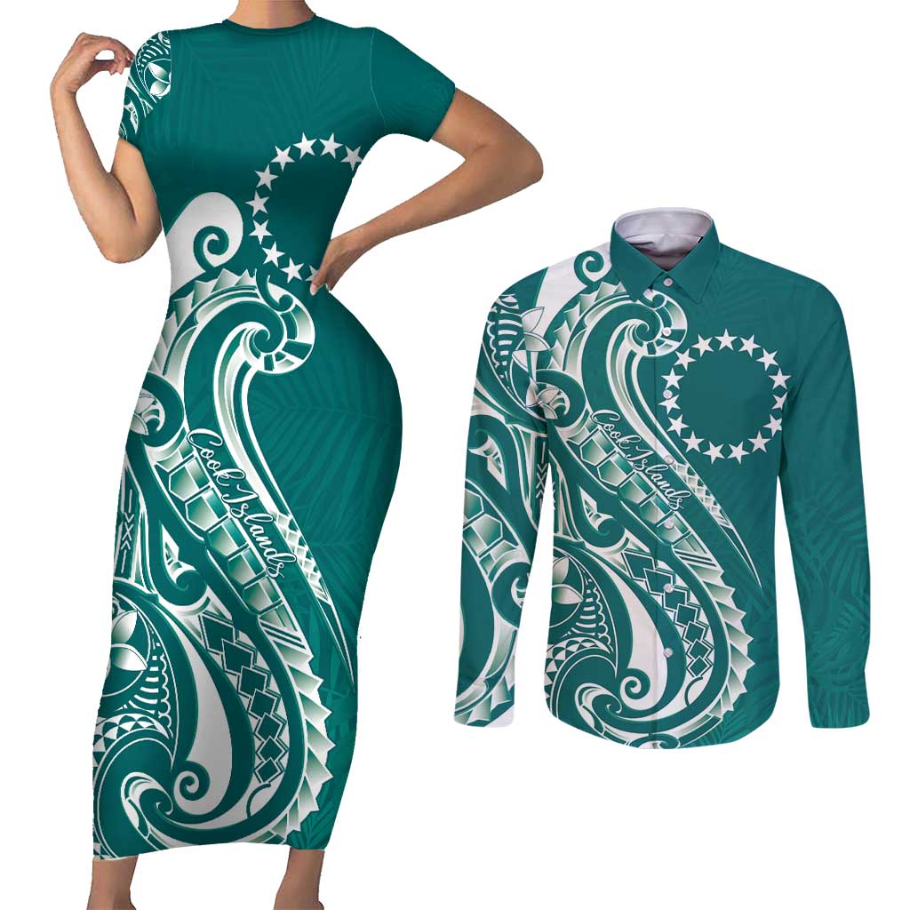 Kia Orana Cook Islands Couples Matching Short Sleeve Bodycon Dress and Long Sleeve Button Shirt Teal Plumeria Tropical Waves - Polynesian Pride