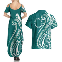 Kia Orana Cook Islands Couples Matching Summer Maxi Dress and Hawaiian Shirt Teal Plumeria Tropical Waves - Polynesian Pride