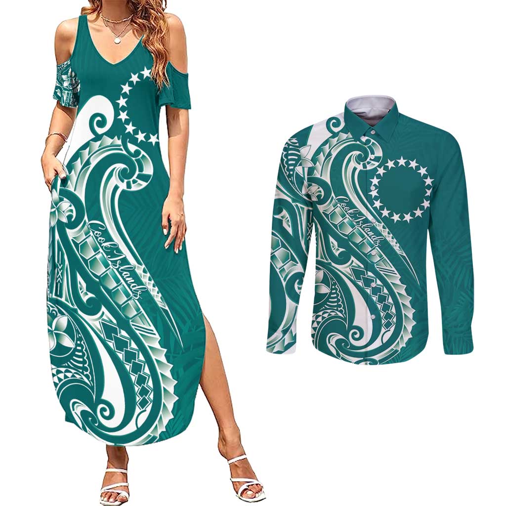 Kia Orana Cook Islands Couples Matching Summer Maxi Dress and Long Sleeve Button Shirt Teal Plumeria Tropical Waves - Polynesian Pride