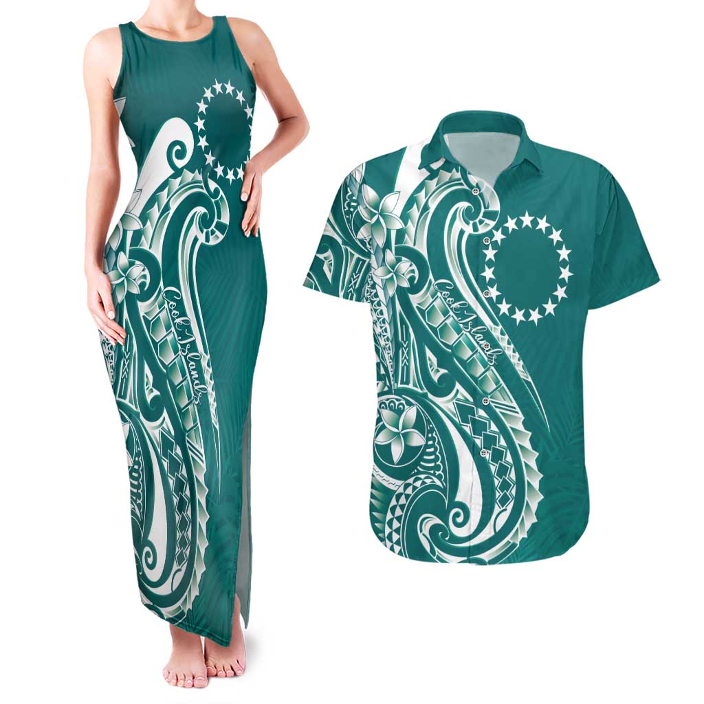 Kia Orana Cook Islands Couples Matching Tank Maxi Dress and Hawaiian Shirt Teal Plumeria Tropical Waves - Polynesian Pride