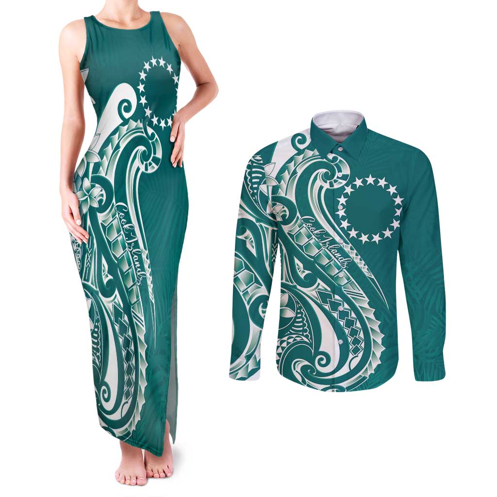 Kia Orana Cook Islands Couples Matching Tank Maxi Dress and Long Sleeve Button Shirt Teal Plumeria Tropical Waves - Polynesian Pride