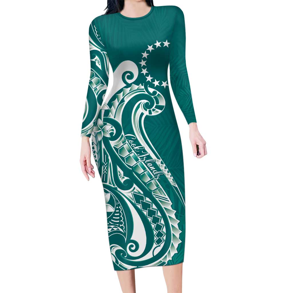 Kia Orana Cook Islands Family Matching Long Sleeve Bodycon Dress and Hawaiian Shirt Teal Plumeria Tropical Waves - Polynesian Pride