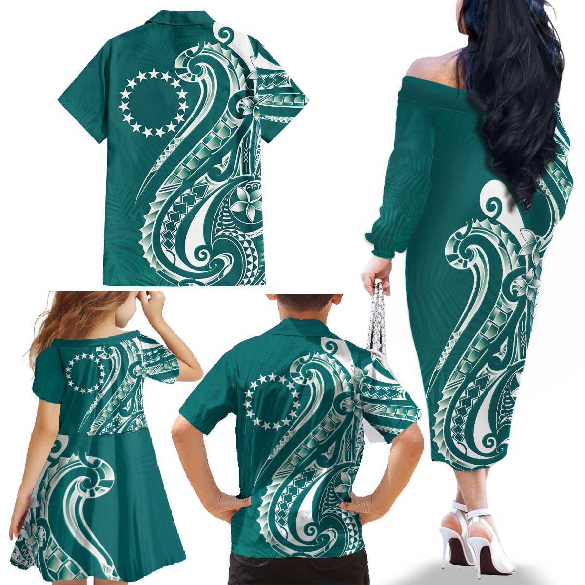 Kia Orana Cook Islands Family Matching Off The Shoulder Long Sleeve Dress and Hawaiian Shirt Teal Plumeria Tropical Waves - Polynesian Pride