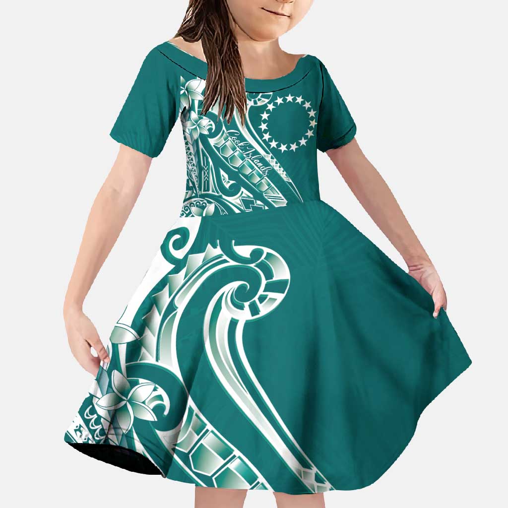 Kia Orana Cook Islands Family Matching Off Shoulder Maxi Dress and Hawaiian Shirt Teal Plumeria Tropical Waves - Polynesian Pride