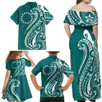 Kia Orana Cook Islands Family Matching Off Shoulder Maxi Dress and Hawaiian Shirt Teal Plumeria Tropical Waves - Polynesian Pride