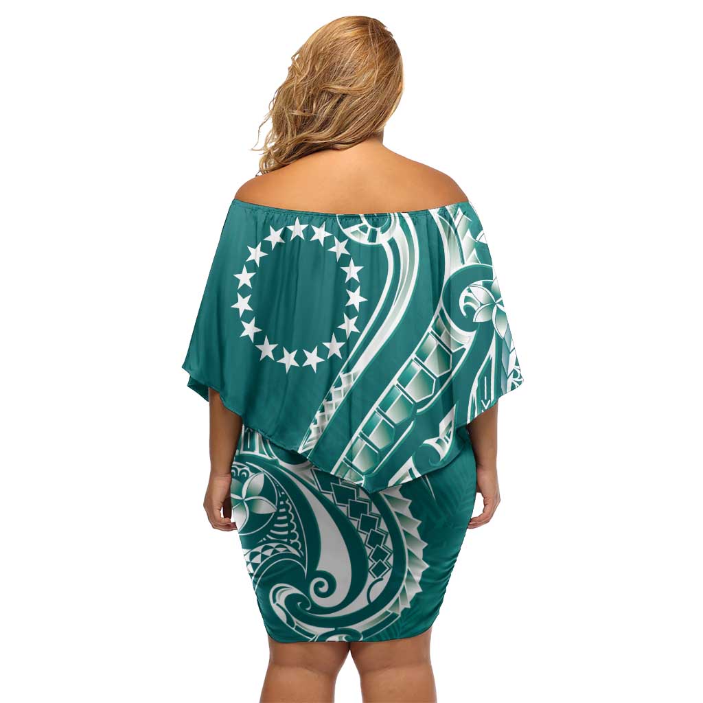 Kia Orana Cook Islands Family Matching Off Shoulder Short Dress and Hawaiian Shirt Teal Plumeria Tropical Waves - Polynesian Pride