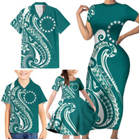 Kia Orana Cook Islands Family Matching Short Sleeve Bodycon Dress and Hawaiian Shirt Teal Plumeria Tropical Waves - Polynesian Pride
