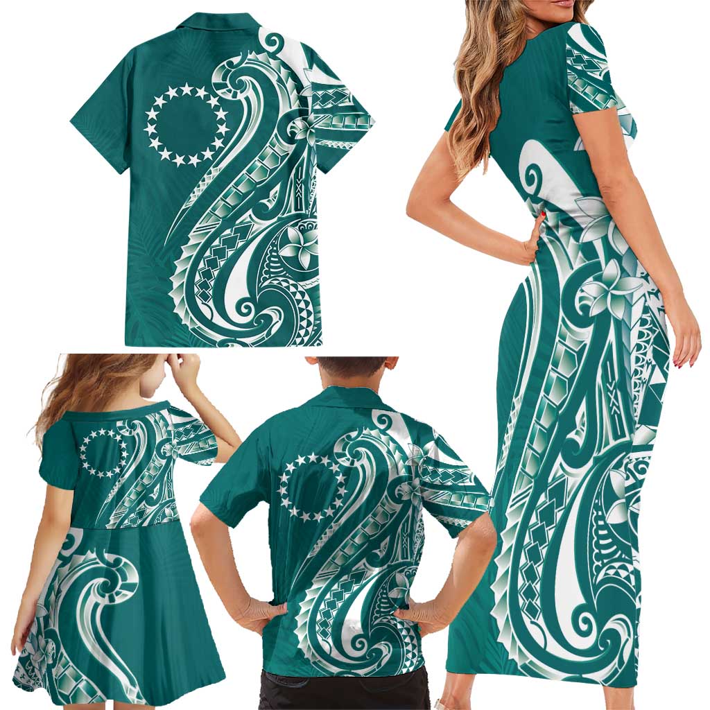 Kia Orana Cook Islands Family Matching Short Sleeve Bodycon Dress and Hawaiian Shirt Teal Plumeria Tropical Waves - Polynesian Pride