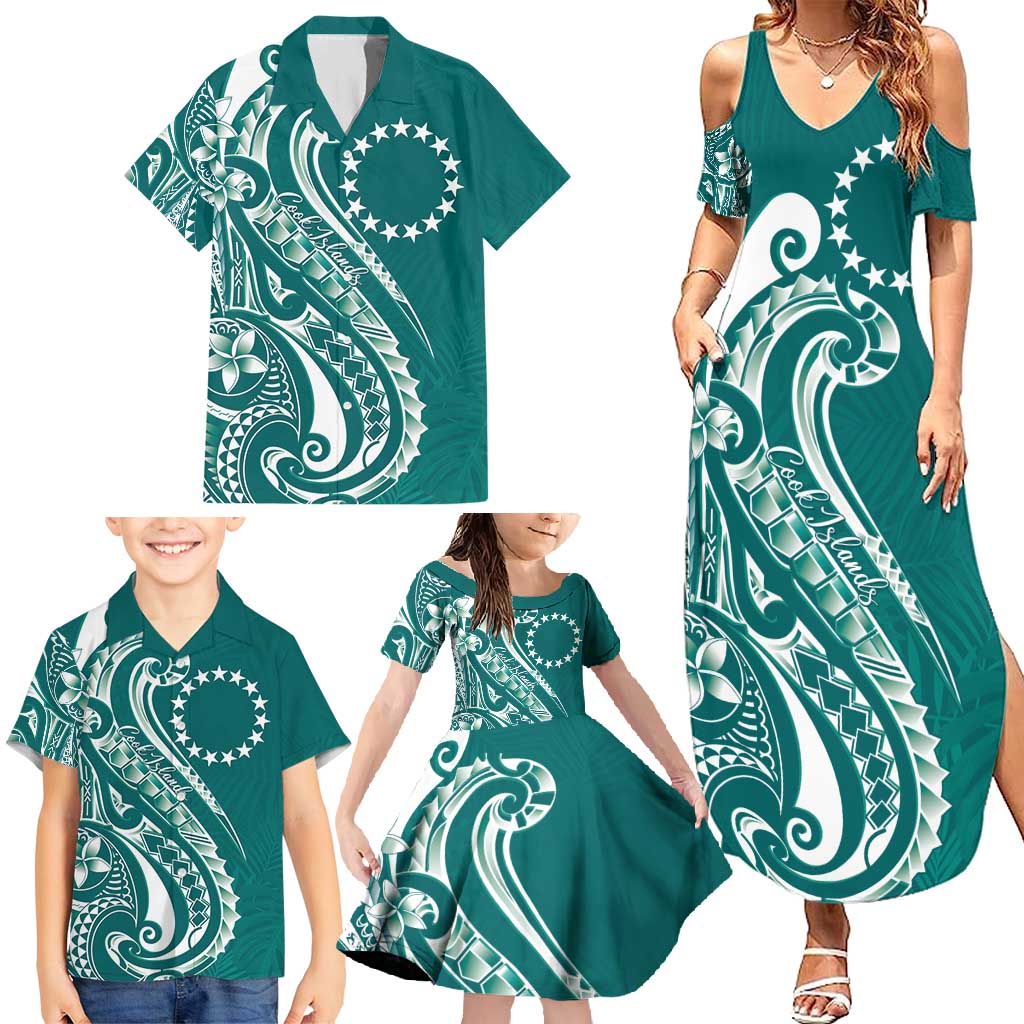 Kia Orana Cook Islands Family Matching Summer Maxi Dress and Hawaiian Shirt Teal Plumeria Tropical Waves - Polynesian Pride
