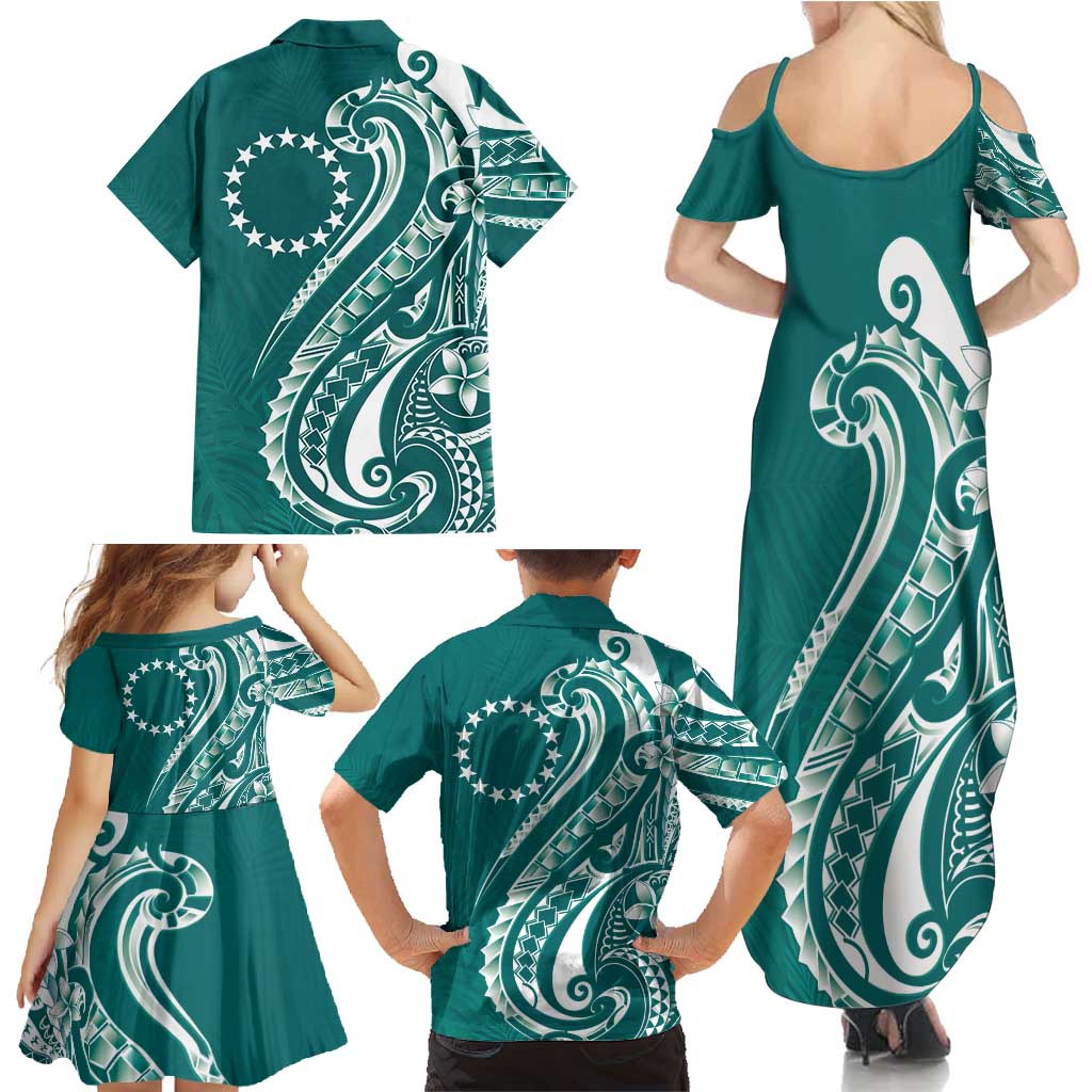 Kia Orana Cook Islands Family Matching Summer Maxi Dress and Hawaiian Shirt Teal Plumeria Tropical Waves - Polynesian Pride