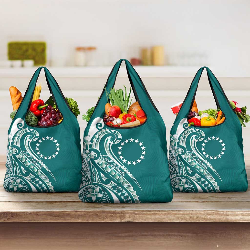 Kia Orana Cook Islands Grocery Bag Teal Plumeria Tropical Waves LT7 3-pack One Size Teal - Polynesian Pride