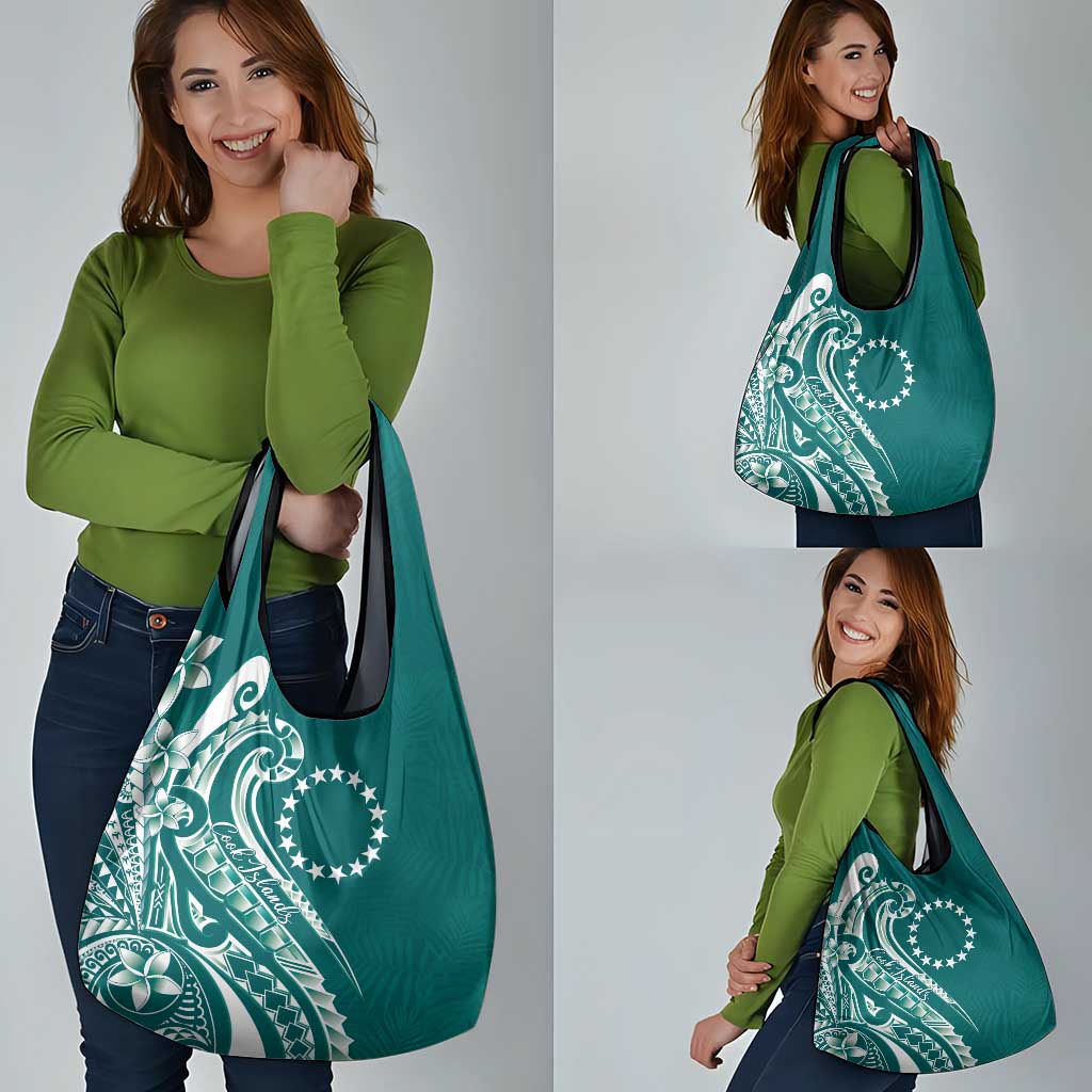 Kia Orana Cook Islands Grocery Bag Teal Plumeria Tropical Waves LT7 - Polynesian Pride