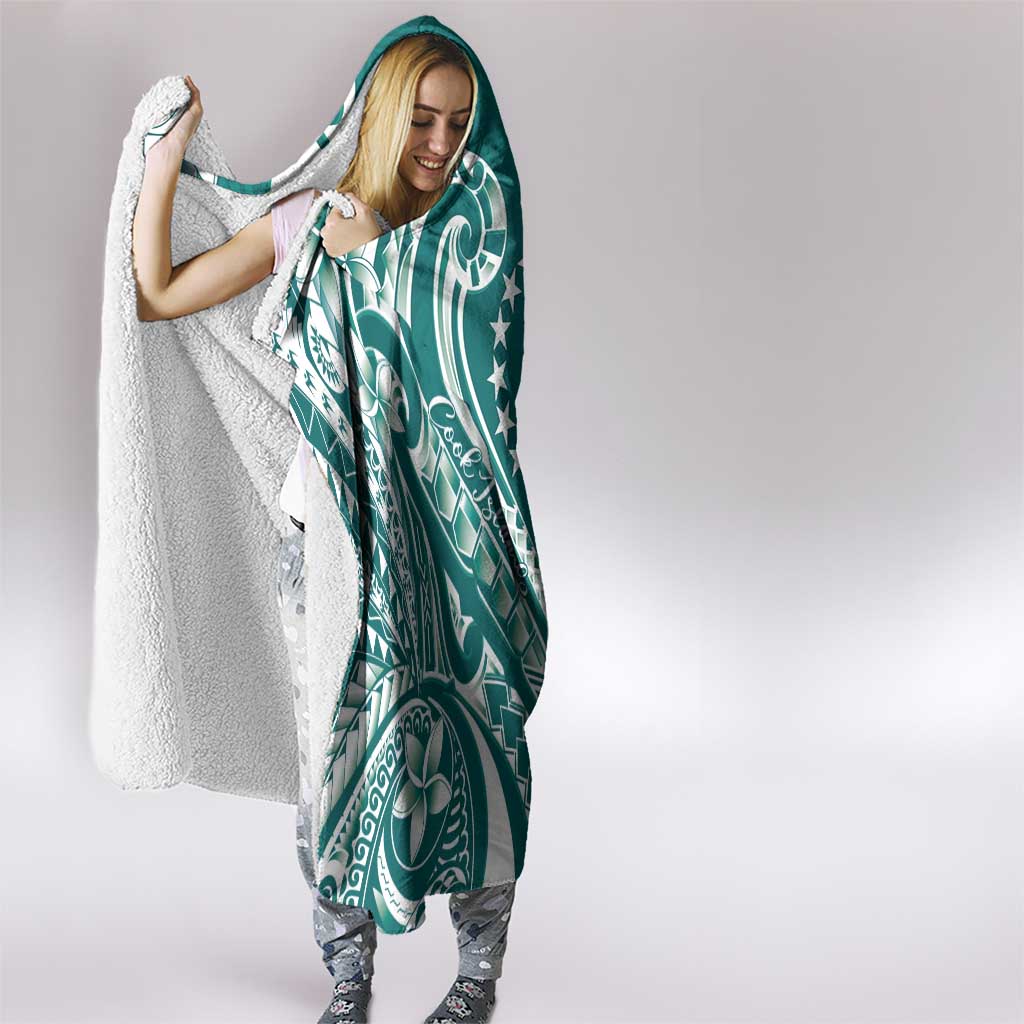 Kia Orana Cook Islands Hooded Blanket Teal Plumeria Tropical Waves - Polynesian Pride