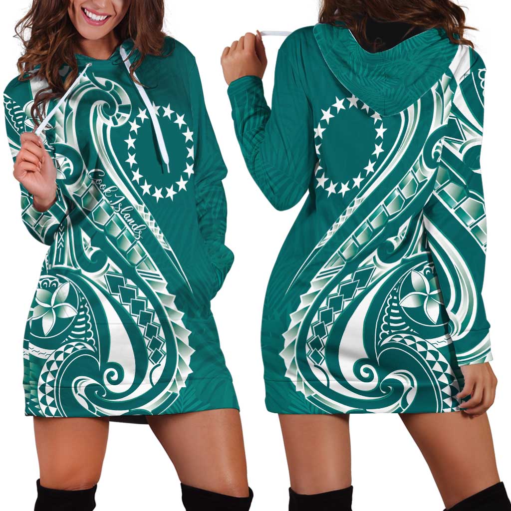 Kia Orana Cook Islands Hoodie Dress Teal Plumeria Tropical Waves - Polynesian Pride