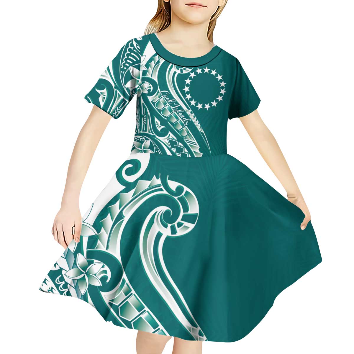 Kia Orana Cook Islands Kid Short Sleeve Dress Teal Plumeria Tropical Waves - Polynesian Pride