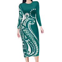 Kia Orana Cook Islands Long Sleeve Bodycon Dress Teal Plumeria Tropical Waves - Polynesian Pride
