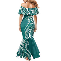 Kia Orana Cook Islands Mermaid Dress Teal Plumeria Tropical Waves - Polynesian Pride
