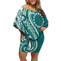 Kia Orana Cook Islands Off Shoulder Short Dress Teal Plumeria Tropical Waves - Polynesian Pride