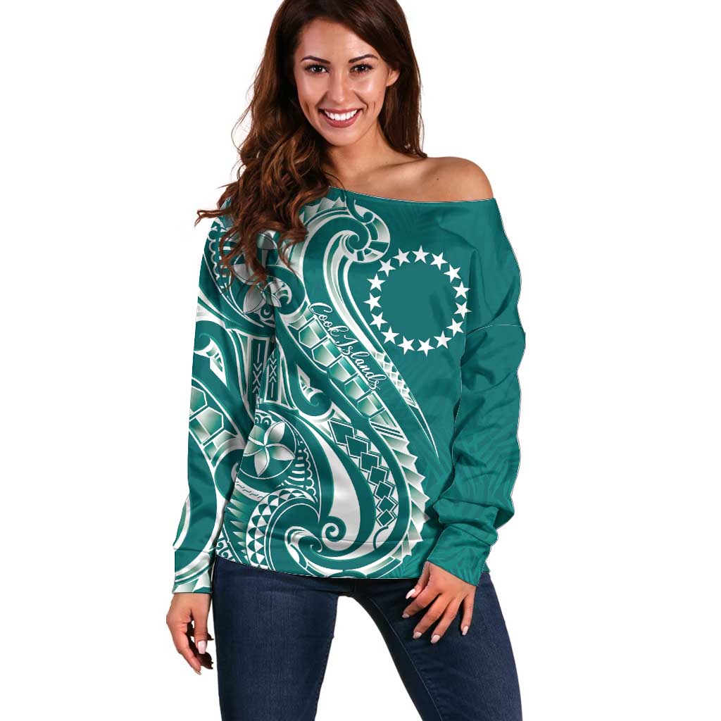 Kia Orana Cook Islands Off Shoulder Sweater Teal Plumeria Tropical Waves - Polynesian Pride