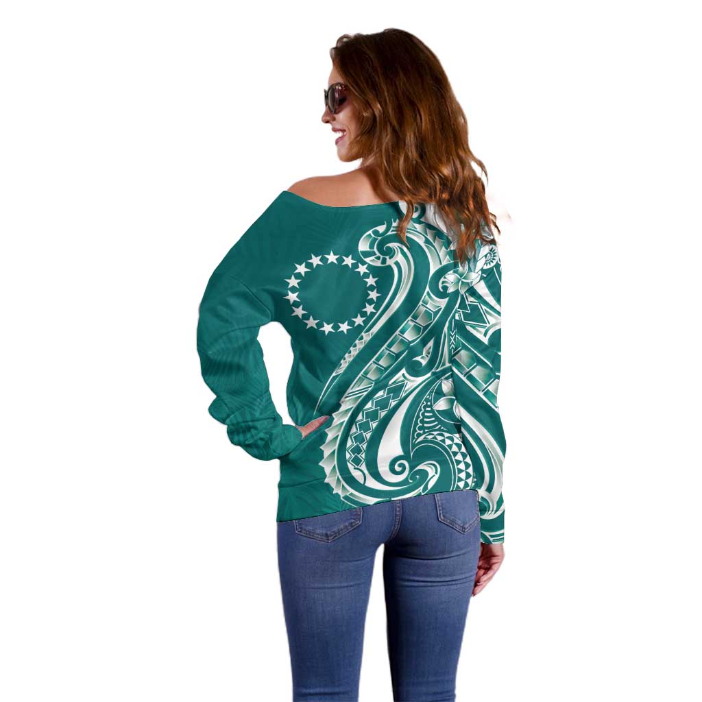 Kia Orana Cook Islands Off Shoulder Sweater Teal Plumeria Tropical Waves - Polynesian Pride