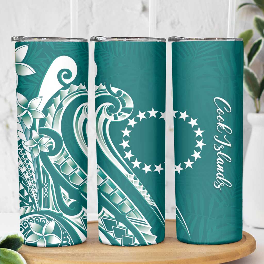 Kia Orana Cook Islands Skinny Tumbler Teal Plumeria Tropical Waves LT7 - Polynesian Pride