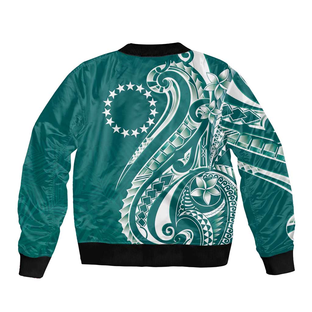 Kia Orana Cook Islands Sleeve Zip Bomber Jacket Teal Plumeria Tropical Waves - Polynesian Pride