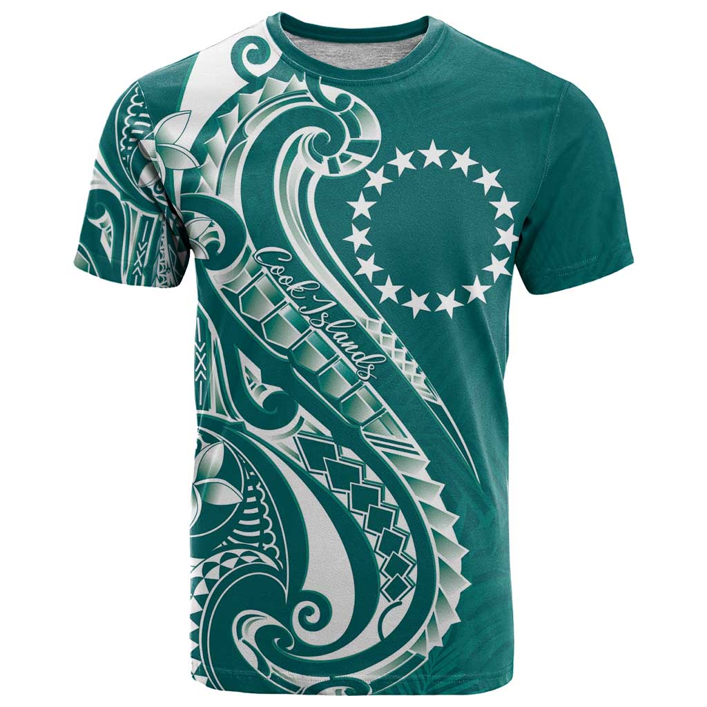Kia Orana Cook Islands T Shirt Teal Plumeria Tropical Waves - Polynesian Pride