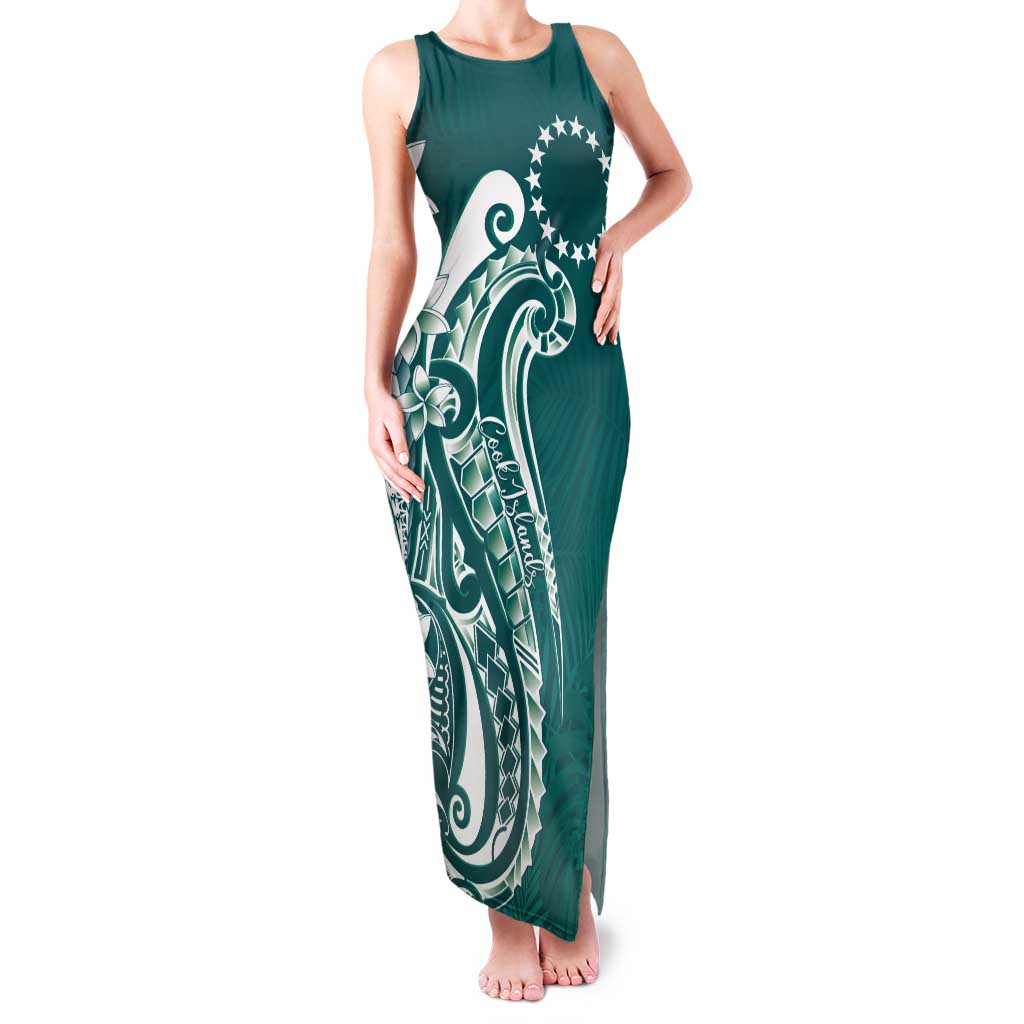 Kia Orana Cook Islands Tank Maxi Dress Teal Plumeria Tropical Waves - Polynesian Pride