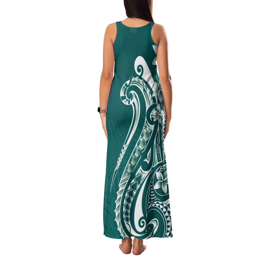 Kia Orana Cook Islands Tank Maxi Dress Teal Plumeria Tropical Waves - Polynesian Pride