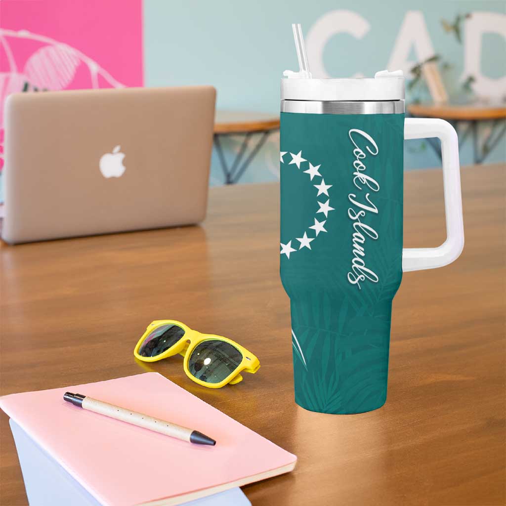 Kia Orana Cook Islands Tumbler With Handle Teal Plumeria Tropical Waves - Polynesian Pride