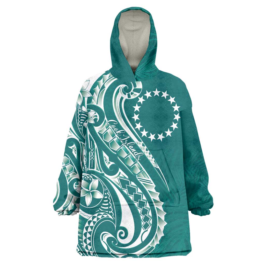 Kia Orana Cook Islands Wearable Blanket Hoodie Teal Plumeria Tropical Waves - Polynesian Pride
