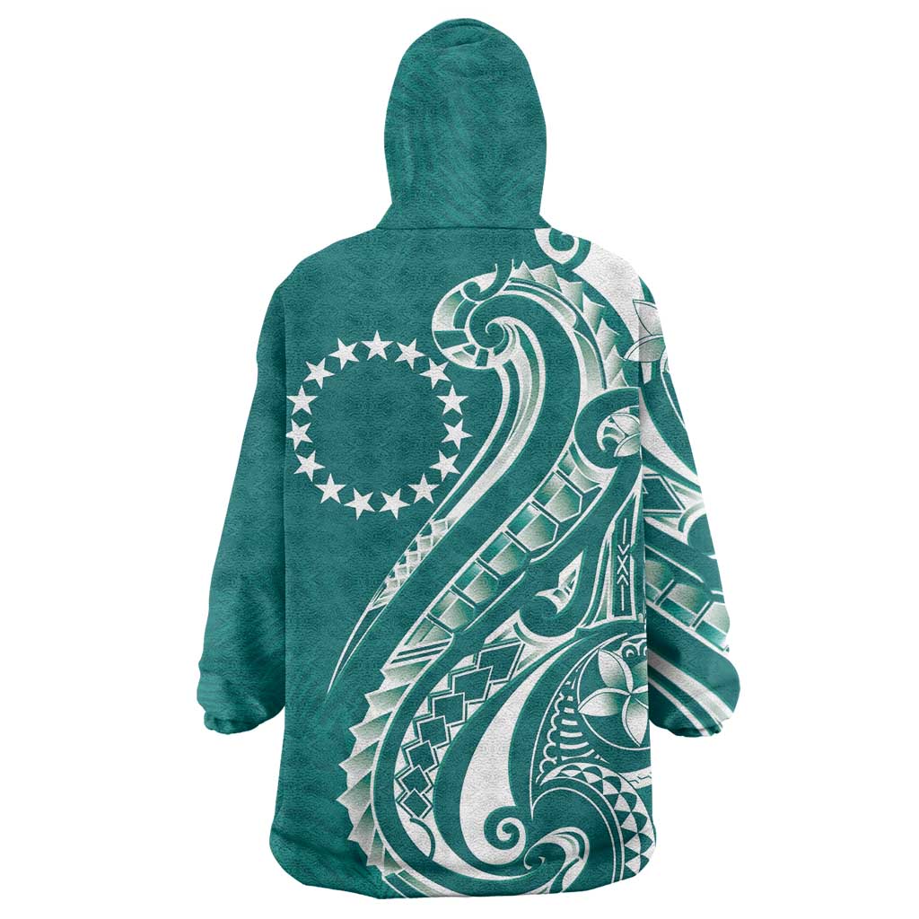 Kia Orana Cook Islands Wearable Blanket Hoodie Teal Plumeria Tropical Waves - Polynesian Pride