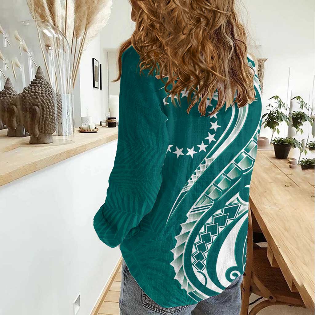 Kia Orana Cook Islands Women Casual Shirt Teal Plumeria Tropical Waves - Polynesian Pride