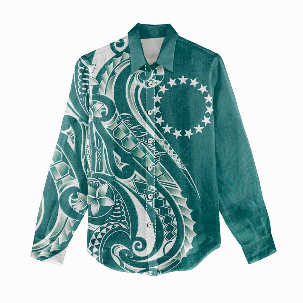 Kia Orana Cook Islands Women Casual Shirt Teal Plumeria Tropical Waves - Polynesian Pride