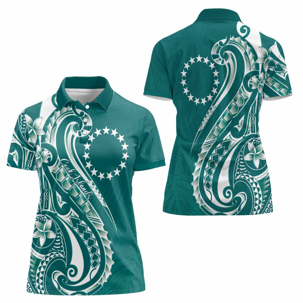 Kia Orana Cook Islands Women Polo Shirt Teal Plumeria Tropical Waves - Polynesian Pride