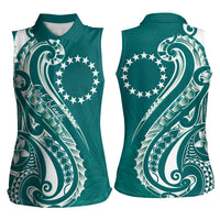 Kia Orana Cook Islands Women Sleeveless Polo Shirt Teal Plumeria Tropical Waves - Polynesian Pride