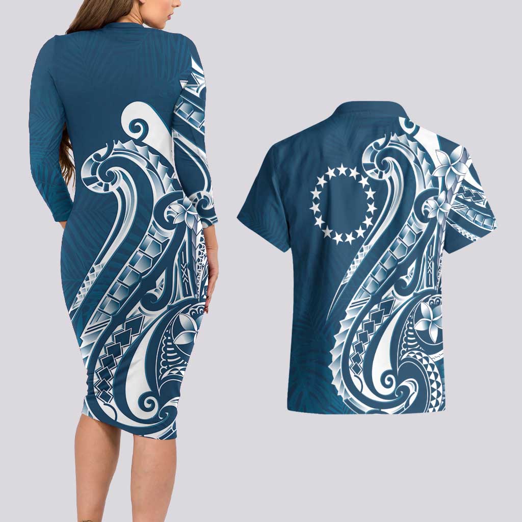 Kia Orana Cook Islands Couples Matching Long Sleeve Bodycon Dress and Hawaiian Shirt Auika Plumeria Tropical Waves - Polynesian Pride