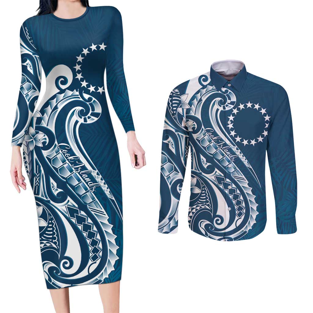 Kia Orana Cook Islands Couples Matching Long Sleeve Bodycon Dress and Long Sleeve Button Shirt Auika Plumeria Tropical Waves - Polynesian Pride