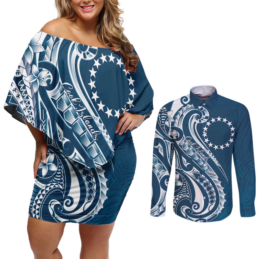 Kia Orana Cook Islands Couples Matching Off Shoulder Short Dress and Long Sleeve Button Shirt Auika Plumeria Tropical Waves - Polynesian Pride