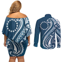 Kia Orana Cook Islands Couples Matching Off Shoulder Short Dress and Long Sleeve Button Shirt Auika Plumeria Tropical Waves - Polynesian Pride