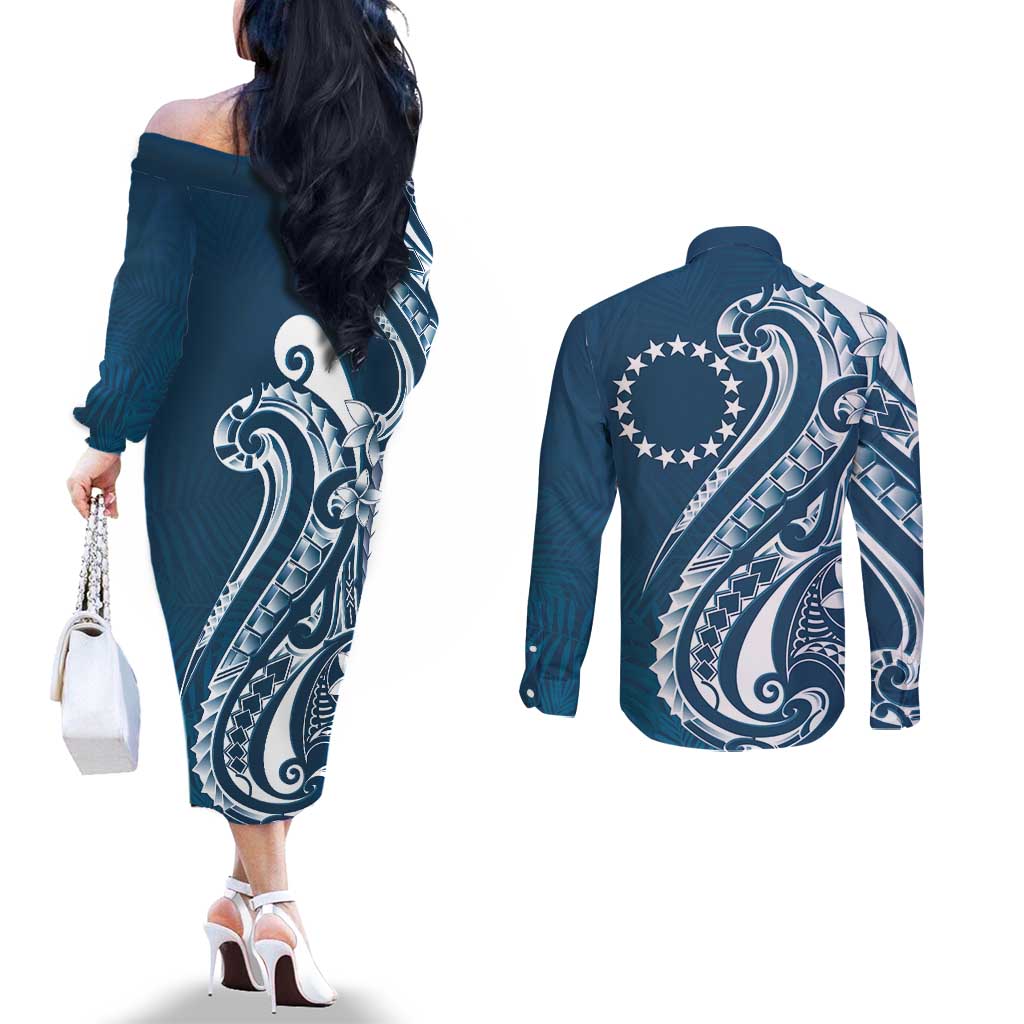 Kia Orana Cook Islands Couples Matching Off The Shoulder Long Sleeve Dress and Long Sleeve Button Shirt Auika Plumeria Tropical Waves - Polynesian Pride